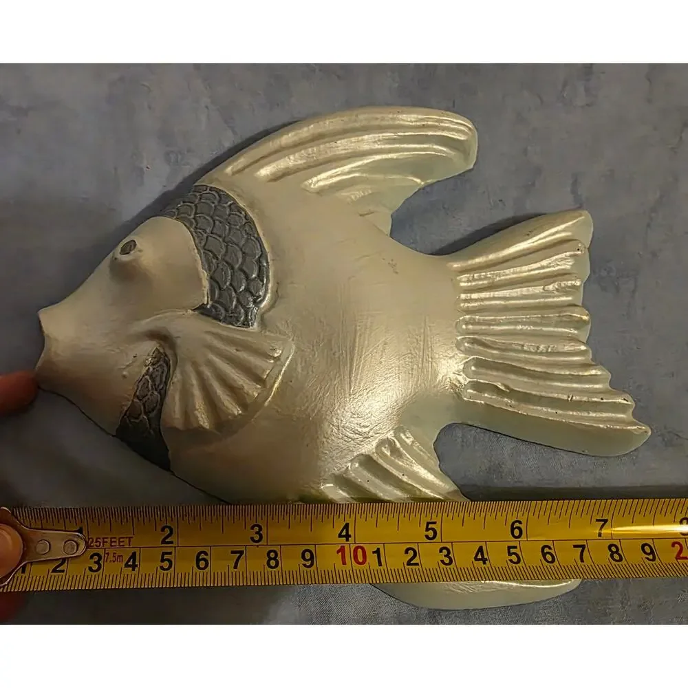 Vtg.  MCM Ceramic Mint Blue Pearl Angelfish Chalkware Set of 2